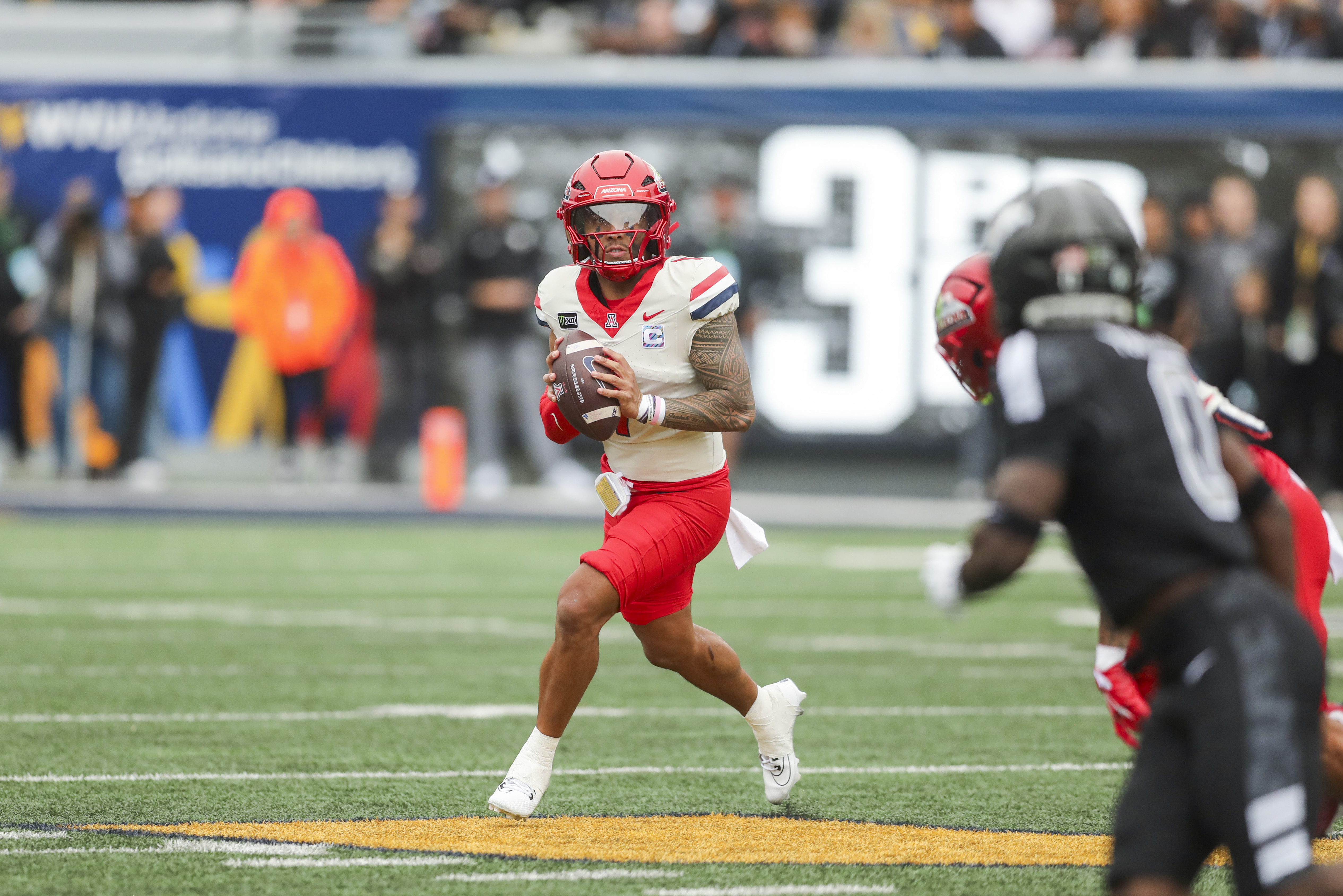 Pictured: Noah Fifita in action as we break down our Arizona vs. Texas Tech Prediction. Photo by Ben Queen-Imagn Images.