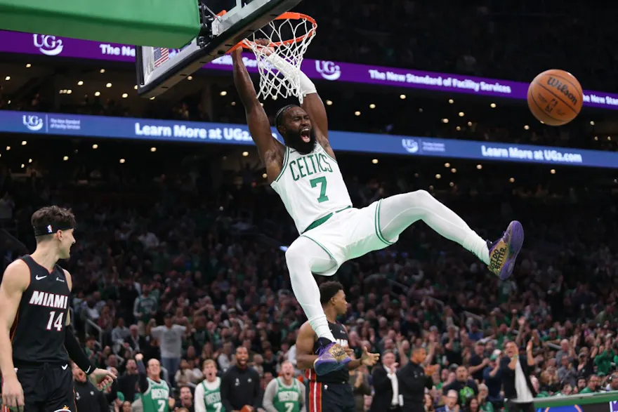 Jaylen Brown #7 of the Boston Celtics yells after a dunk as we look at our best Celtics vs. Heat NBA player props