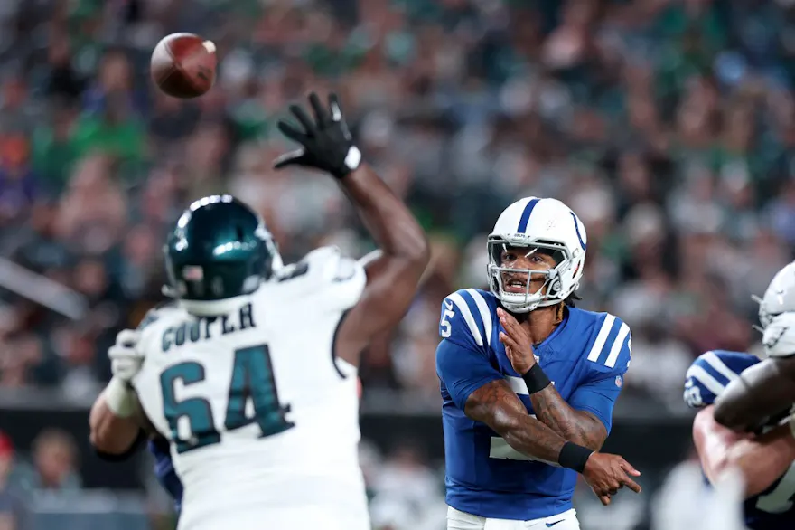 Anthony Richardson of the Indianapolis Colts passes against the Philadelphia Eagles at Lincoln Financial Field on Aug. 24, 2023 in Philadelphia, Pennsylvania as we share our favorite Anthony Richardson player prop picks. 
