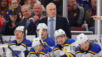 Head coach Craig Berube of the St. Louis Blues looks on against the Chicago Blackhawks during the first period at the United Center as we look at our Maple Leafs next head coach odds.