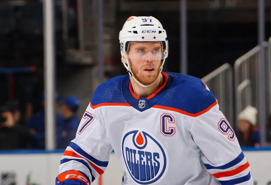 Connor McDavid of the Edmonton Oilers skates against the New York Islanders at UBS Arena as we look at our Blues-Oilers prediction.