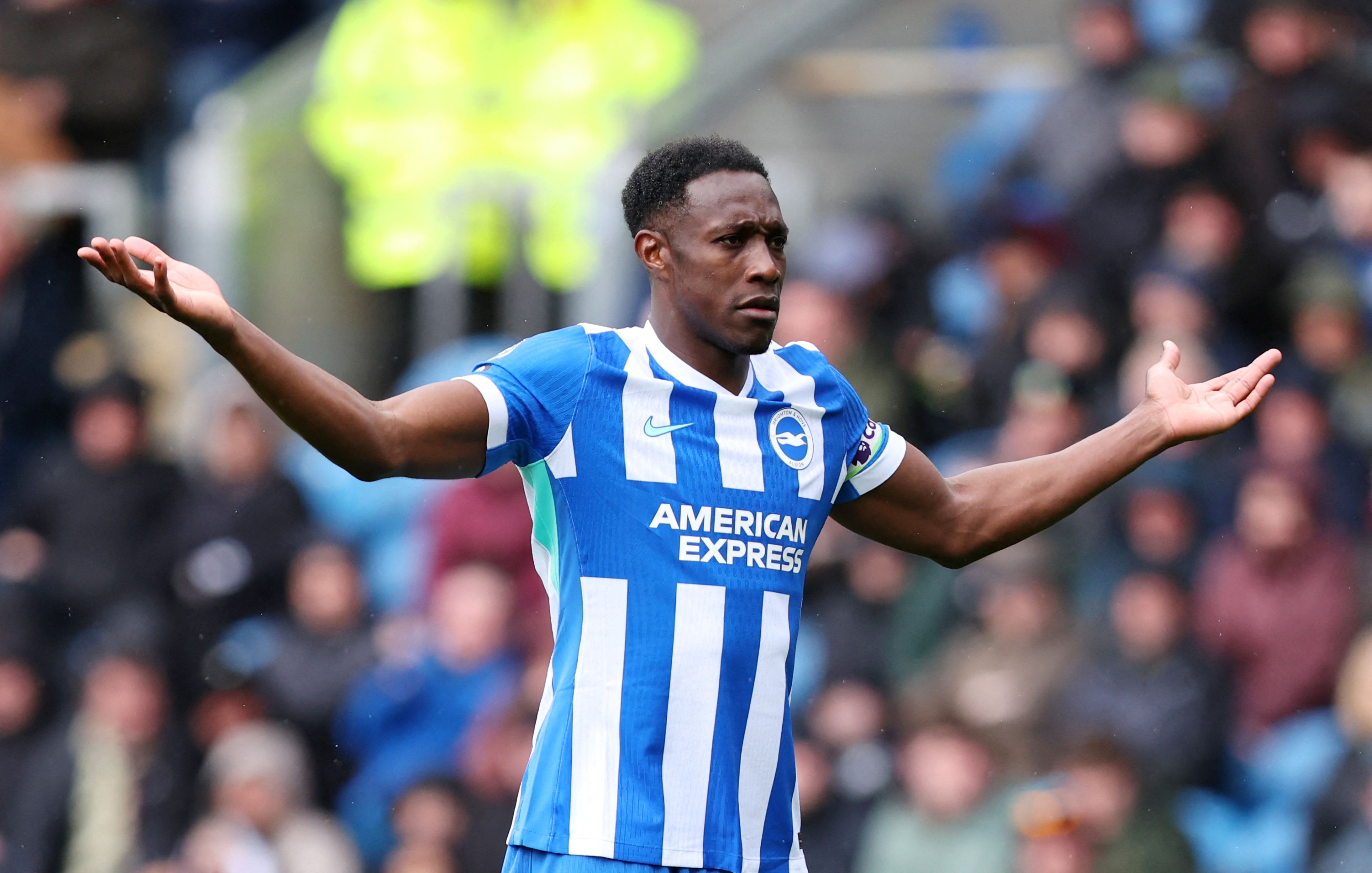 Brighton & Hove Albion's Danny Welbeck reacts, and he's key as we look at our Tottenham vs. Brighton & Hove Albion prediction.
