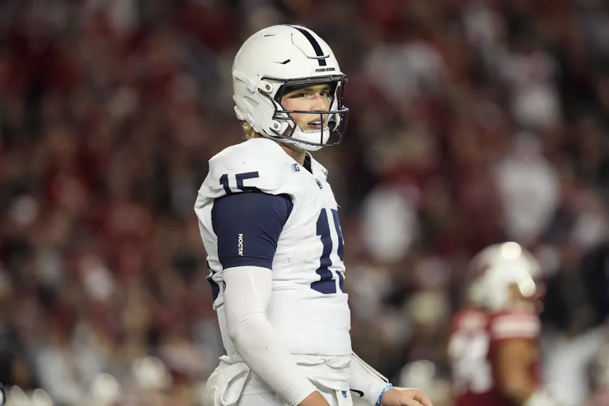 Penn State Nittany Lions quarterback Drew Allar during the game against the Wisconsin Badgers as we look at our college football Week 11 player prop bets.