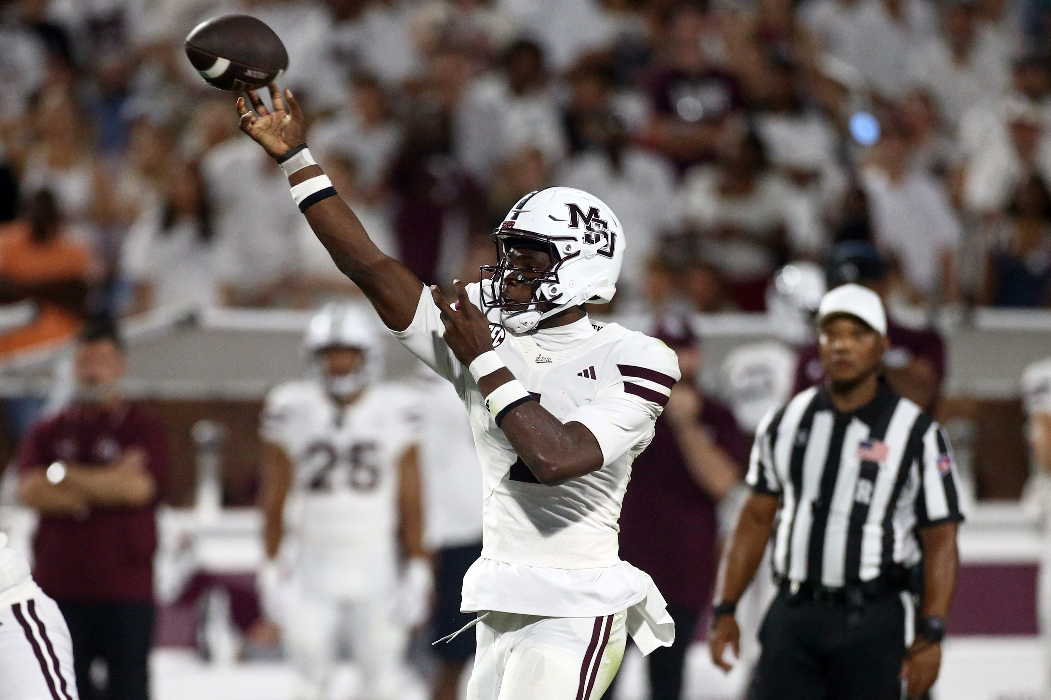 Pictured: Quarterback Kamario Taylor throwing a pass as we break down our Alabama vs. Mississippi State Prediction. Photo by Petre Thomas-Imagn Images.