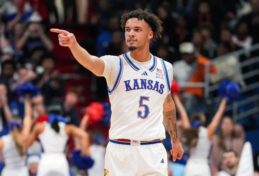 Kansas Jayhawks guard Zeke Mayo reacts as we look at the Kansas sports betting financials for November 2024.