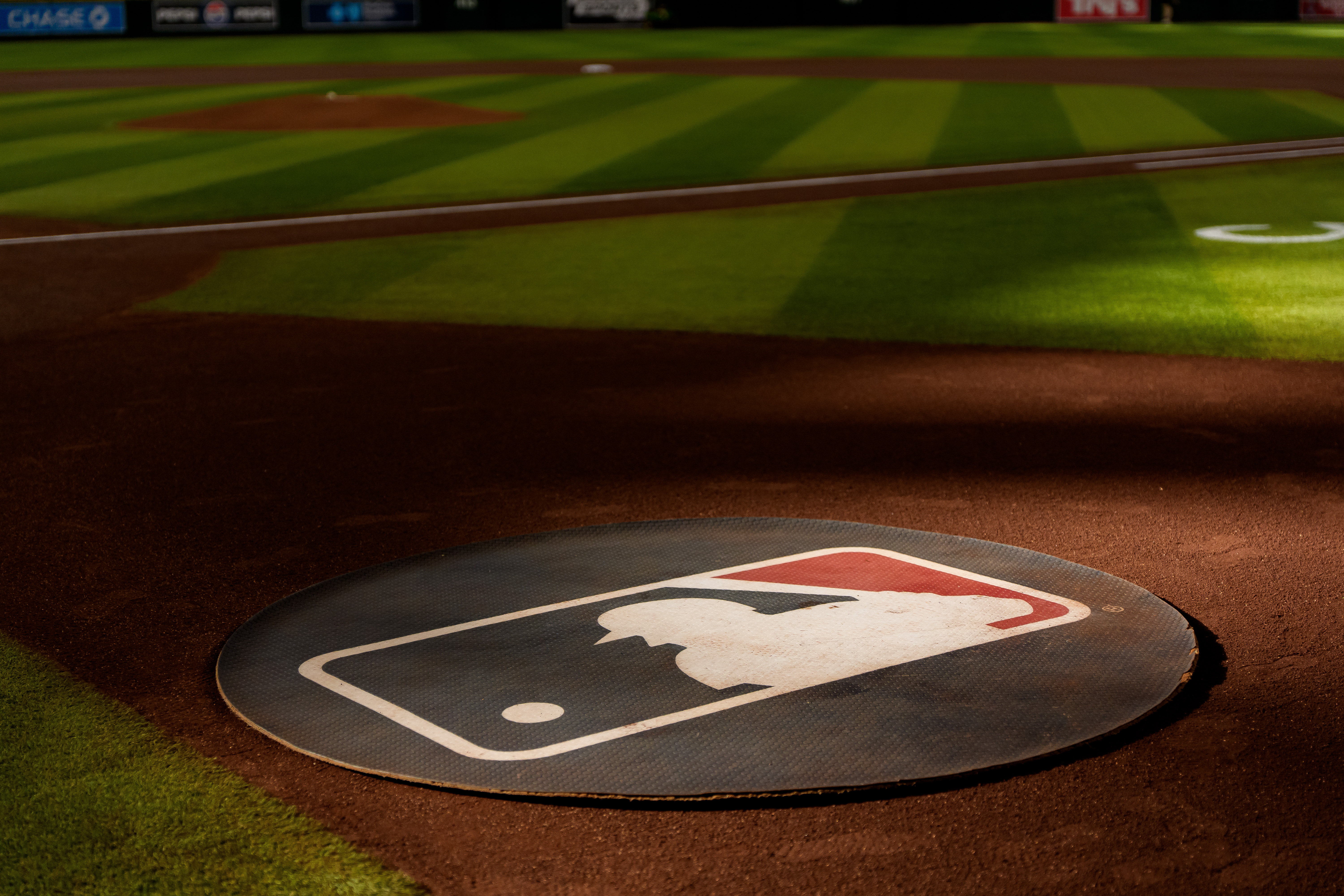 A general view of the MLB logo as we look at the league considering partnering with prediction markets