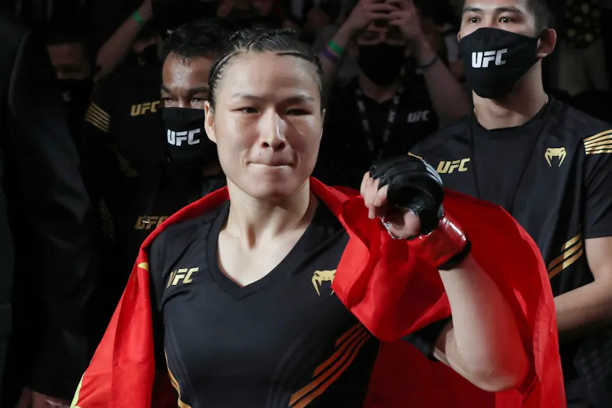  Zhang Weili of China walks out to fight Rose Namajunas of the United States during the Women's Strawweight Title bout.