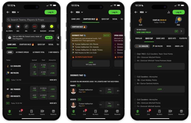 Screenshot of DraftKings Sportsbook, including NBA odds and pre-built same-game parlay options.&nbsp;