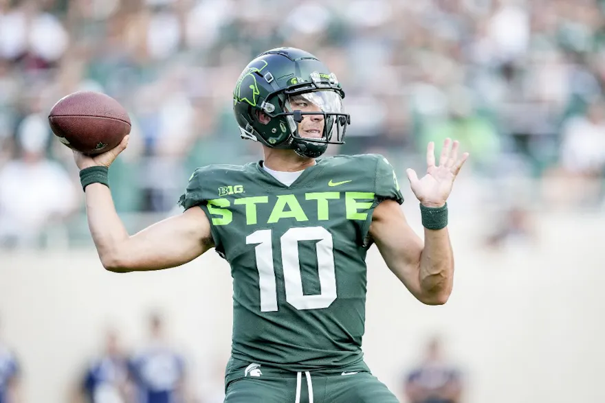 Quarterback Payton Thorne of the Michigan State Spartans throws the ball against the Akron Zips during the second quarter at Spartan Stadium.