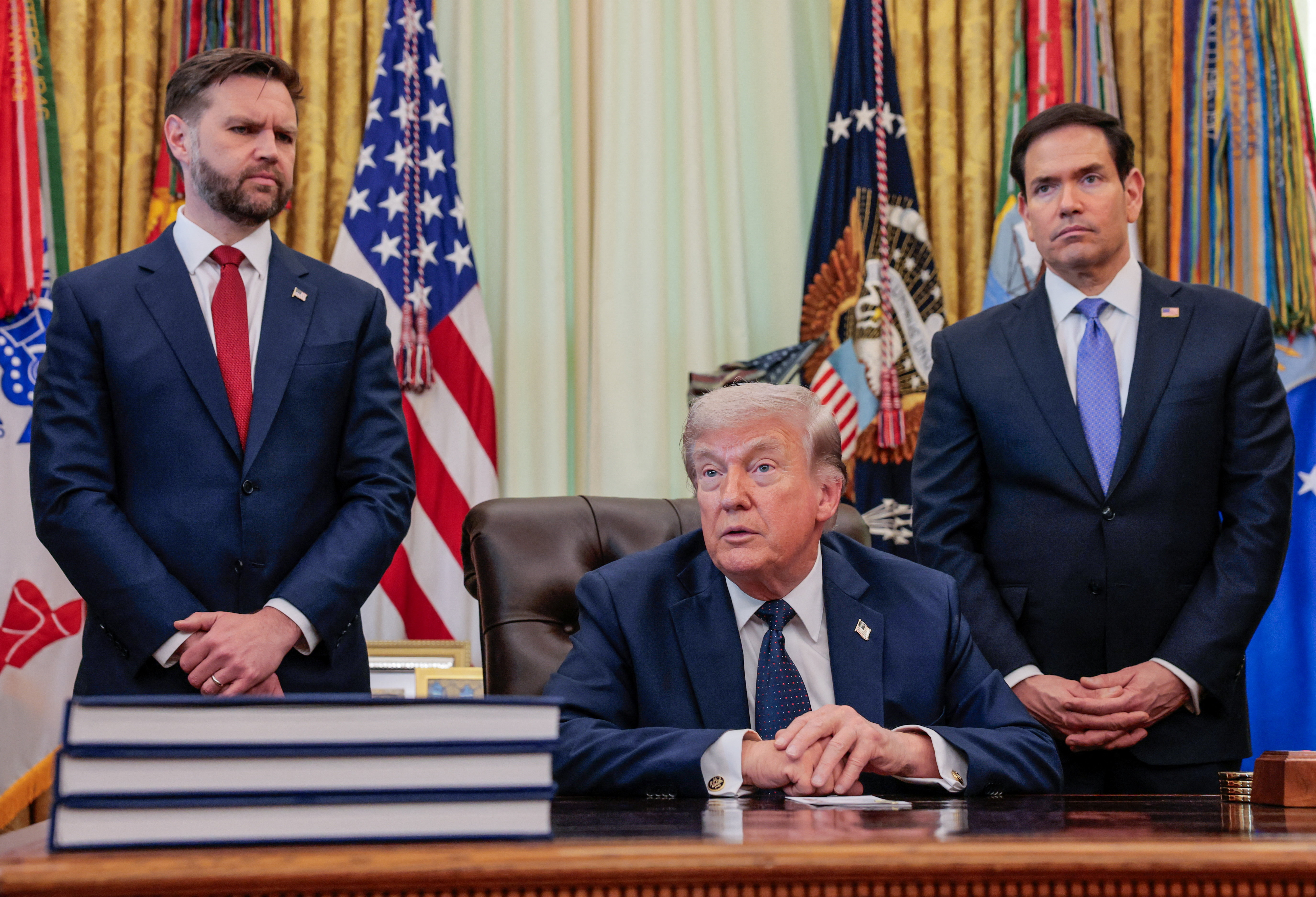 U.S. President Donald Trump, Vice President JD Vance, and Secretary of State Marco Rubio in the Oval Office as we look at Vance and Rubio's numbers to be the next Republican Presidential nominee