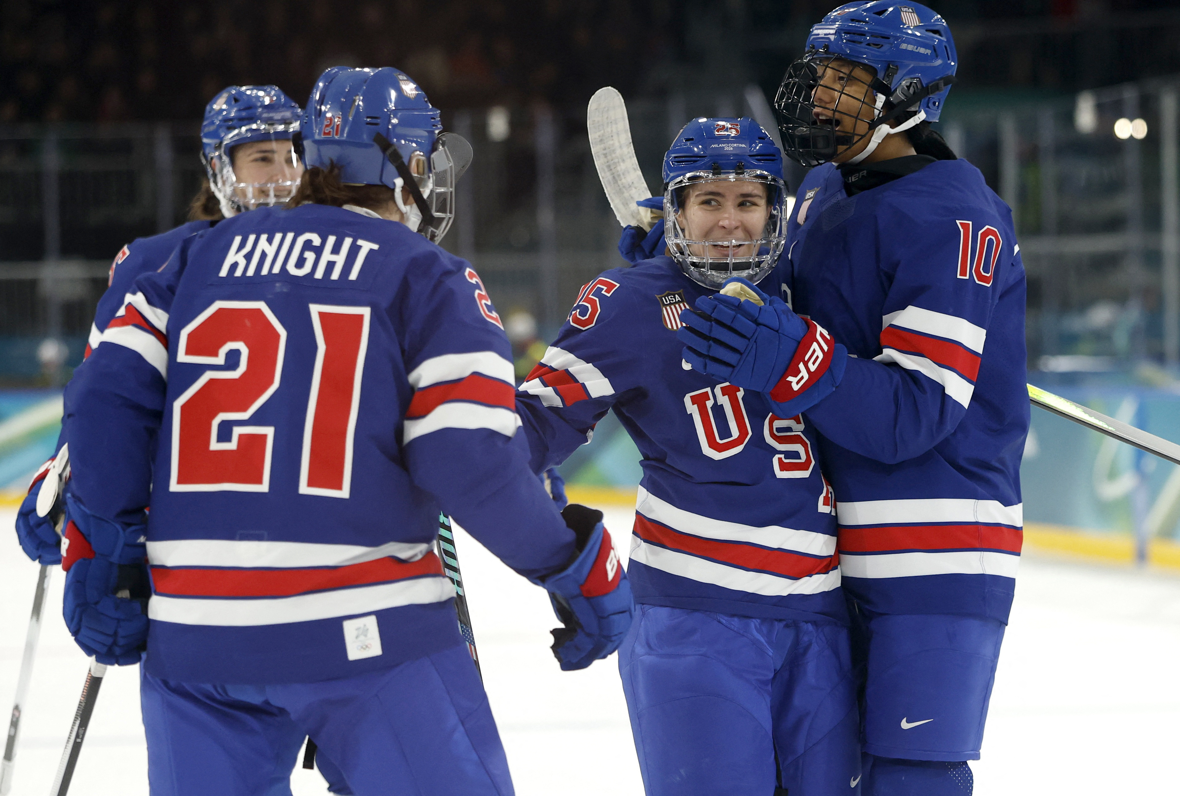 Alex Carpenter celebrates with Laila Edwards and Hilary Knight as we provide our Canada vs. USA prediction and best bets.