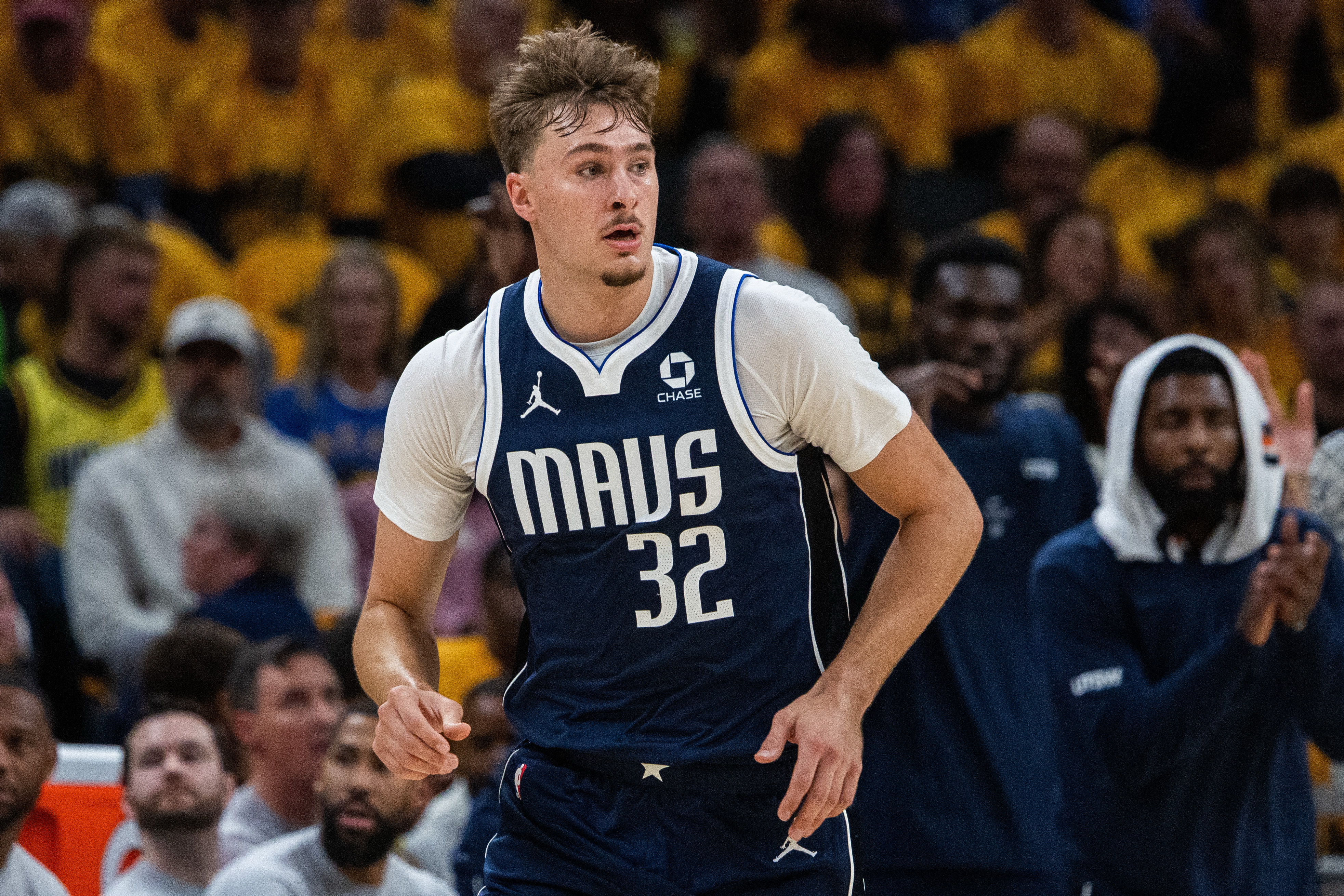 Dallas Mavericks forward Cooper Flagg (32) looks on as we break down our Thunder vs. Mavericks prediction.