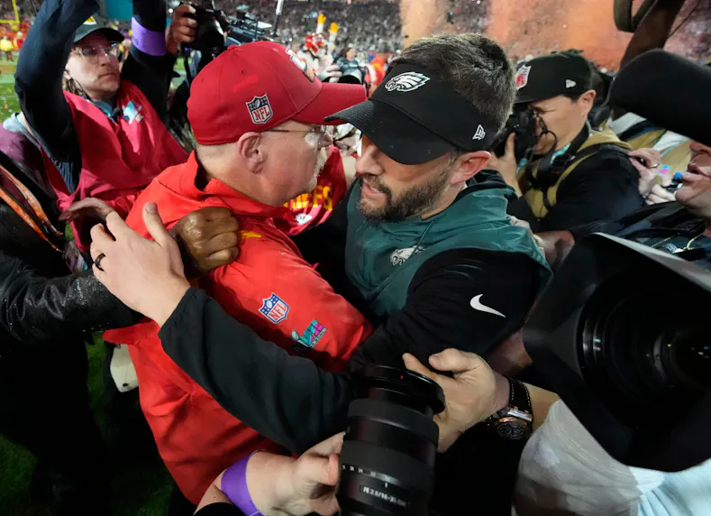 Kansas City Chiefs head coach Andy Reid and Philadelphia Eagles head coach Nick Sirianni greet each other as we look at the best free Super Bowl betting contests.