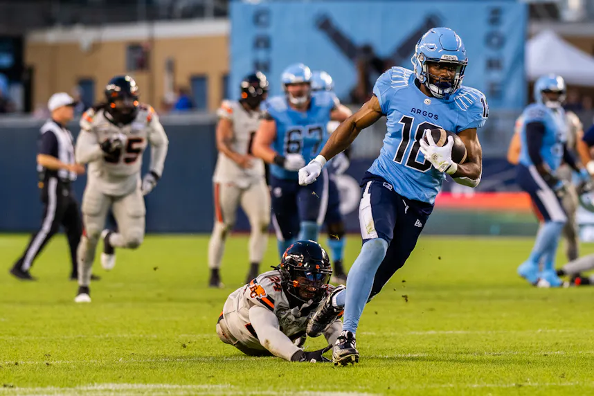 Toronto Argonauts wide receiver Dejon Brissett runs the ball against the BC Lions at BMO Field as we offer our Argonauts vs. Alouettes prediction.
