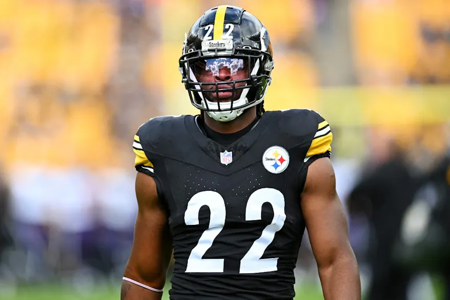 Najee Harris #22 of the Pittsburgh Steelers looks on prior to a game as we give our Steelers vs. Bengals Week 12 NFL player prop predictions