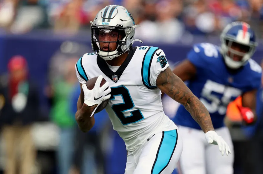 D.J. Moore of the Carolina Panthers runs with the ball during the first half of the game against the New York Giants.