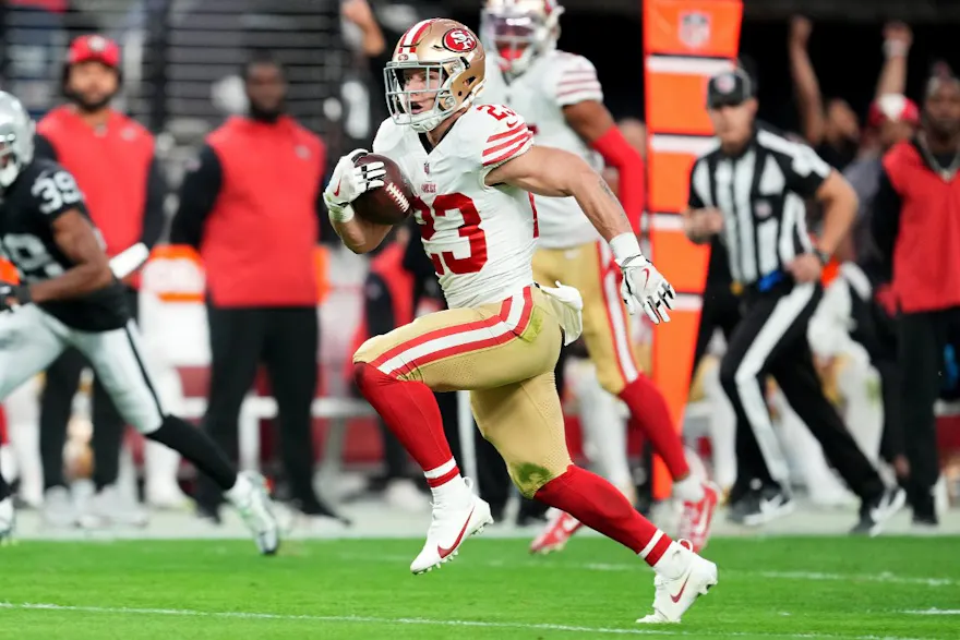 Christian McCaffrey of the San Francisco 49ers runs against the Las Vegas Raiders, and we offer our top Christian McCaffrey player props based on the best NFL odds.