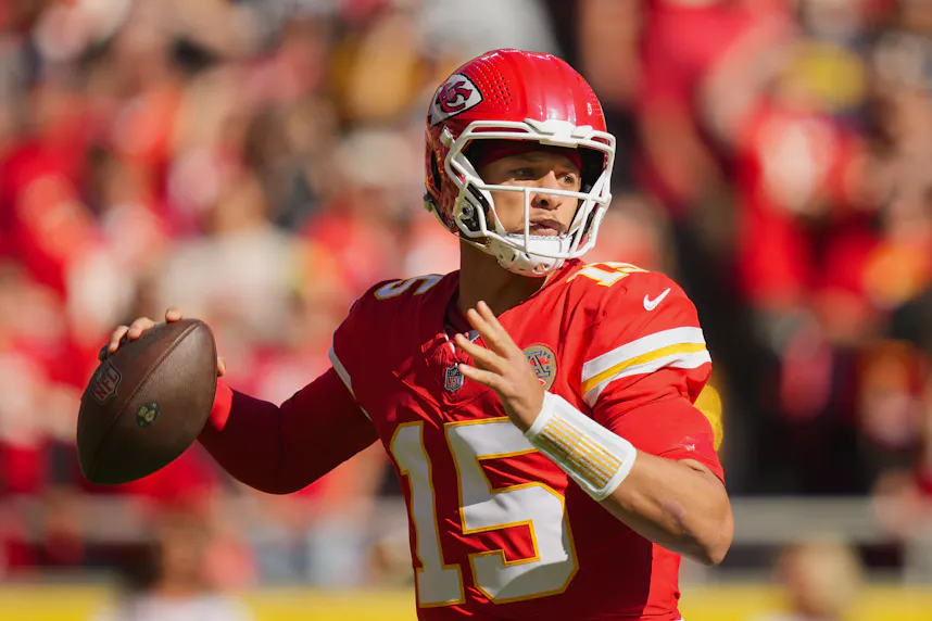 Kansas City Chiefs quarterback Patrick Mahomes (15) throws a pass as we offer our best Patrick Mahomes player props.