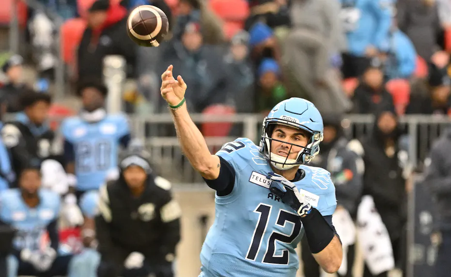 Toronto Argonauts quarterback Chad Kelly throws a pass against the Montreal Alouettes. We expect a high-scoring game in our Redblacks vs. Argonauts Prediction.