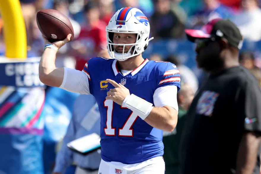 Josh Allen of the Buffalo Bills warms up before the game against the Miami Dolphins as we look at our Josh Allen vs. Patrick Mahomes prop picks.