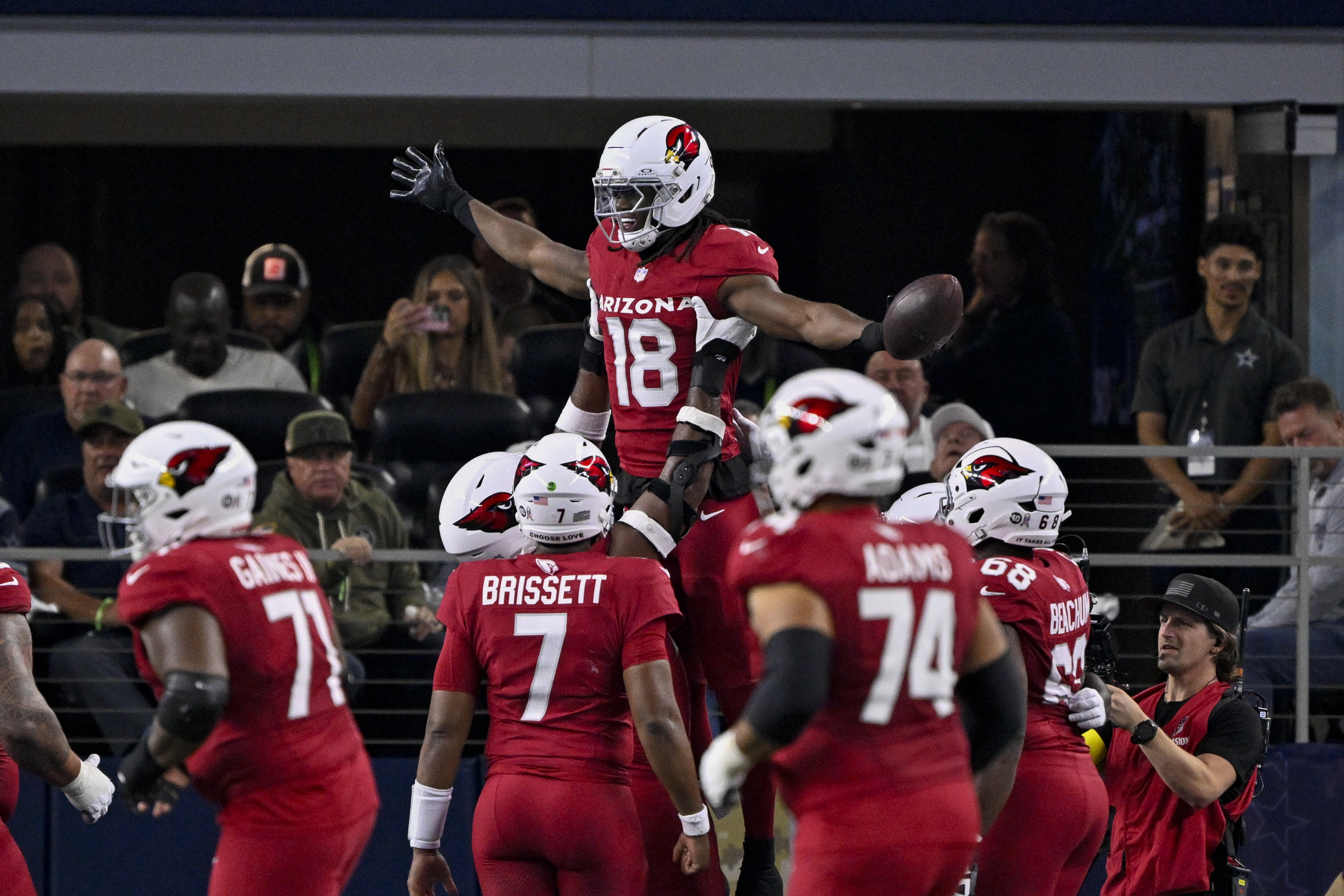 Arizona Cardinals wide receiver Marvin Harrison Jr. (18) celebrates with his teammates as we offer our anytime touchdown scorer parlay for NFL Week 16.