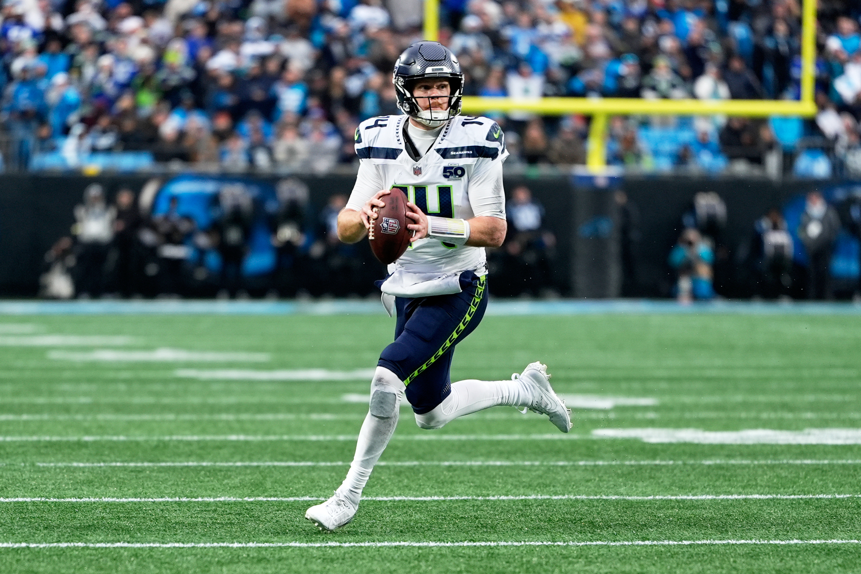Seattle Seahawks quarterback Sam Darnold (14) looks to throw a pass as we break down our NFL Week 18 scenarios & wild card round matchups.