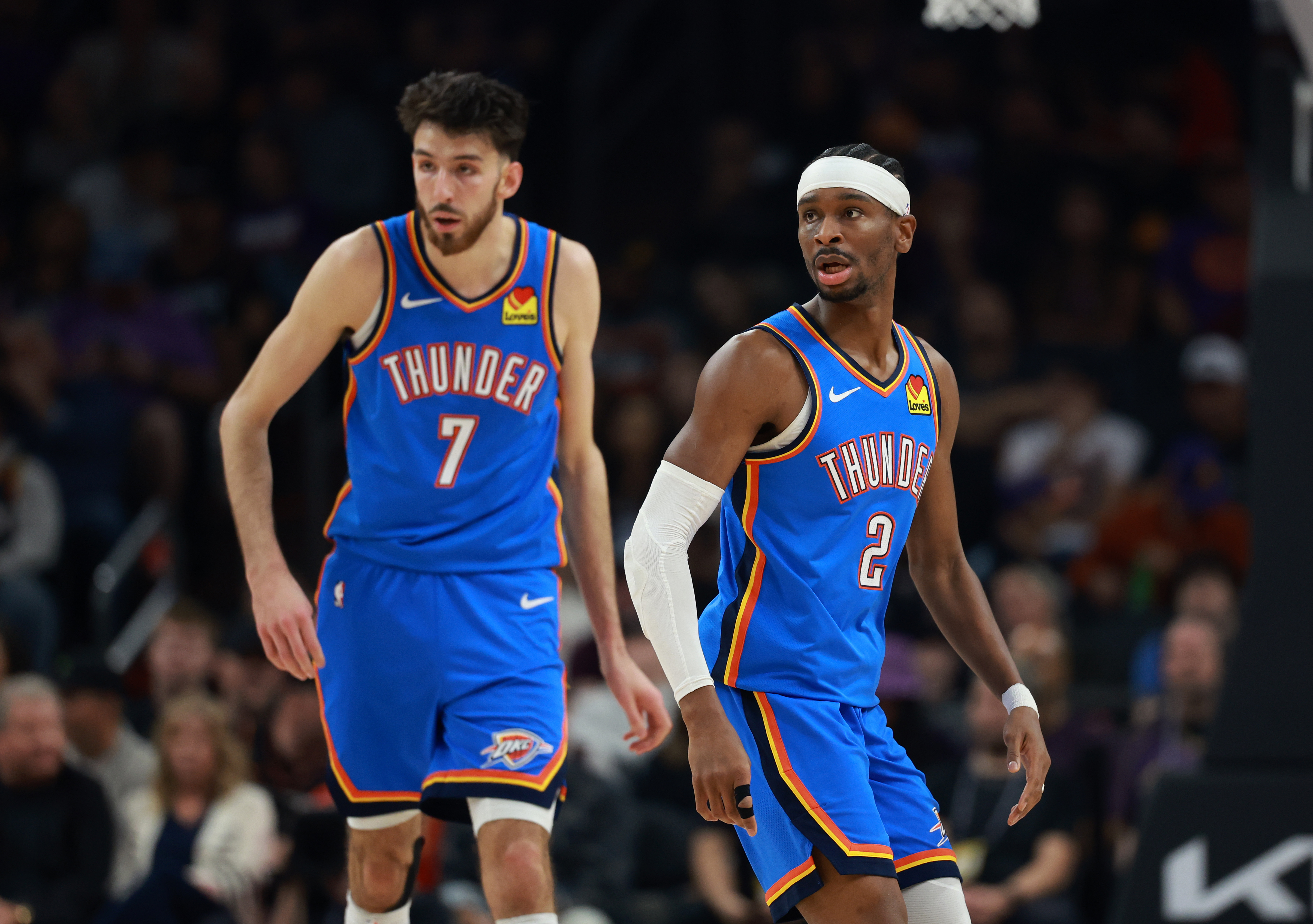 Oklahoma City Thunder stars Shai Gilgeous-Alexander (2) and Chet Holmgren (7) have OKC atop the NBA championship odds.