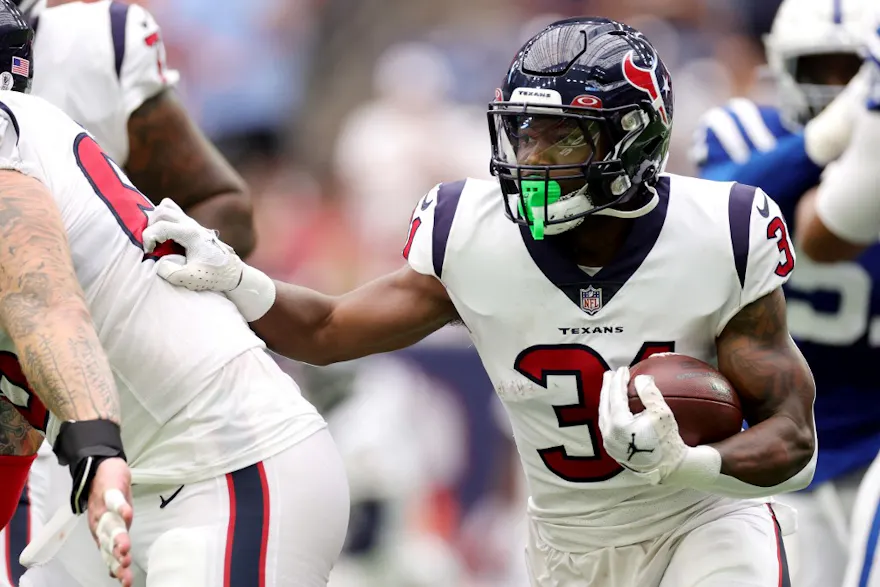 Running Back Dameon Pierce of the Houston Texans carries the ball during the first half against the Indianapolis Colts at NRG Stadium on September 11, 2022 in Houston, Texas. Photo by Carmen Mandato/Getty Images via AFP.