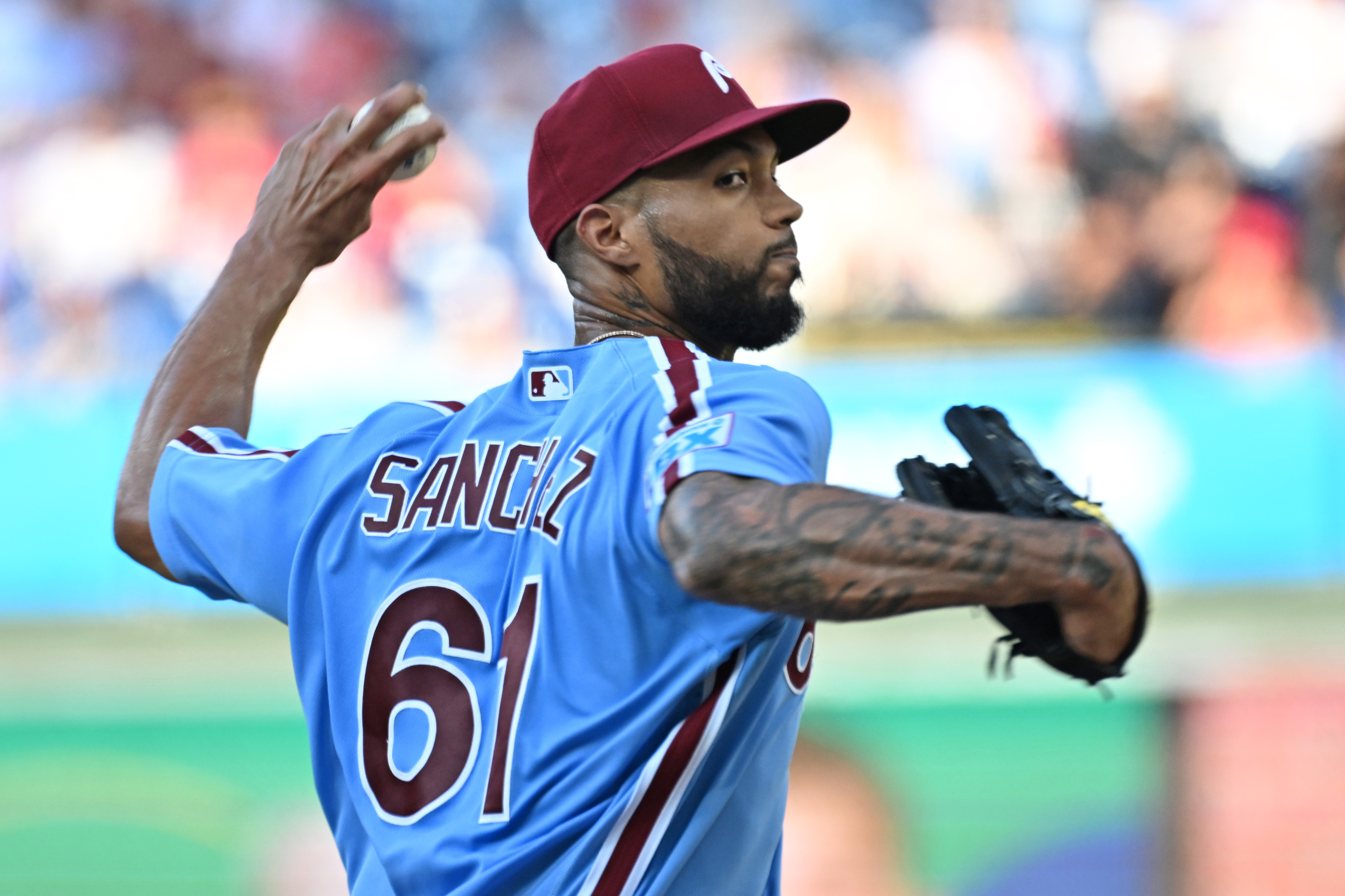 Philadelphia Phillies pitcher Cristopher Sánchez (61) throws a pitch as he is featured in our best NRFI bets.