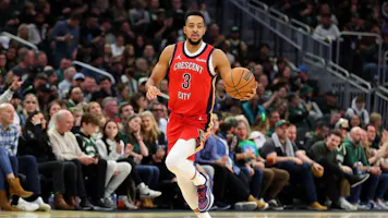 CJ McCollum of the New Orleans Pelicans handles the ball during a game against the Milwaukee Bucks at Fiserv Forum as we look at our Thunder-Pelicans Game 3 player props and expert picks based on the best NBA odds.