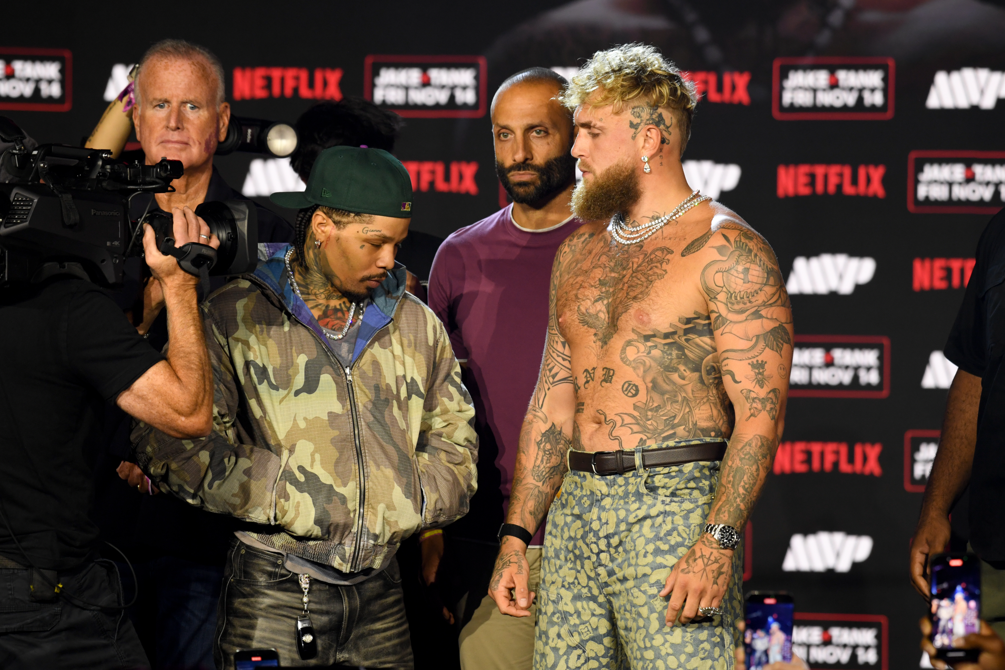 Tank Davis and Jake Paul face off during the Jake Paul vs. Gervonta Davis New York Press Conference at the Palladium Theater in New York, N.Y., as we look at the Jake Paul vs. Tank Davis odds