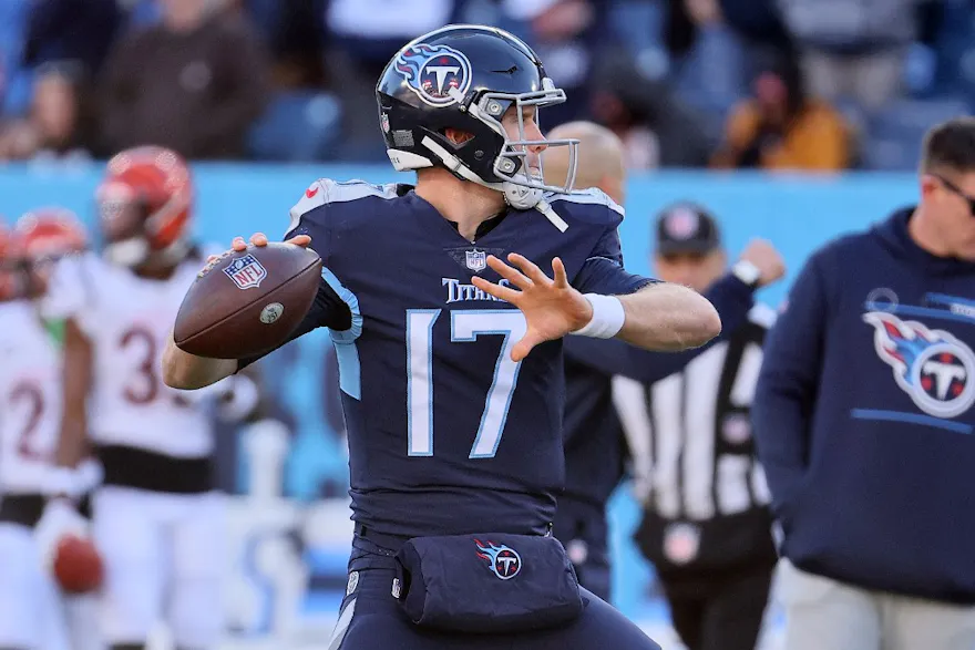 Ryan Tannehill of the Tennessee Titans warms up prior to playing the Cincinnati Bengals in the AFC Divisional Playoff game.