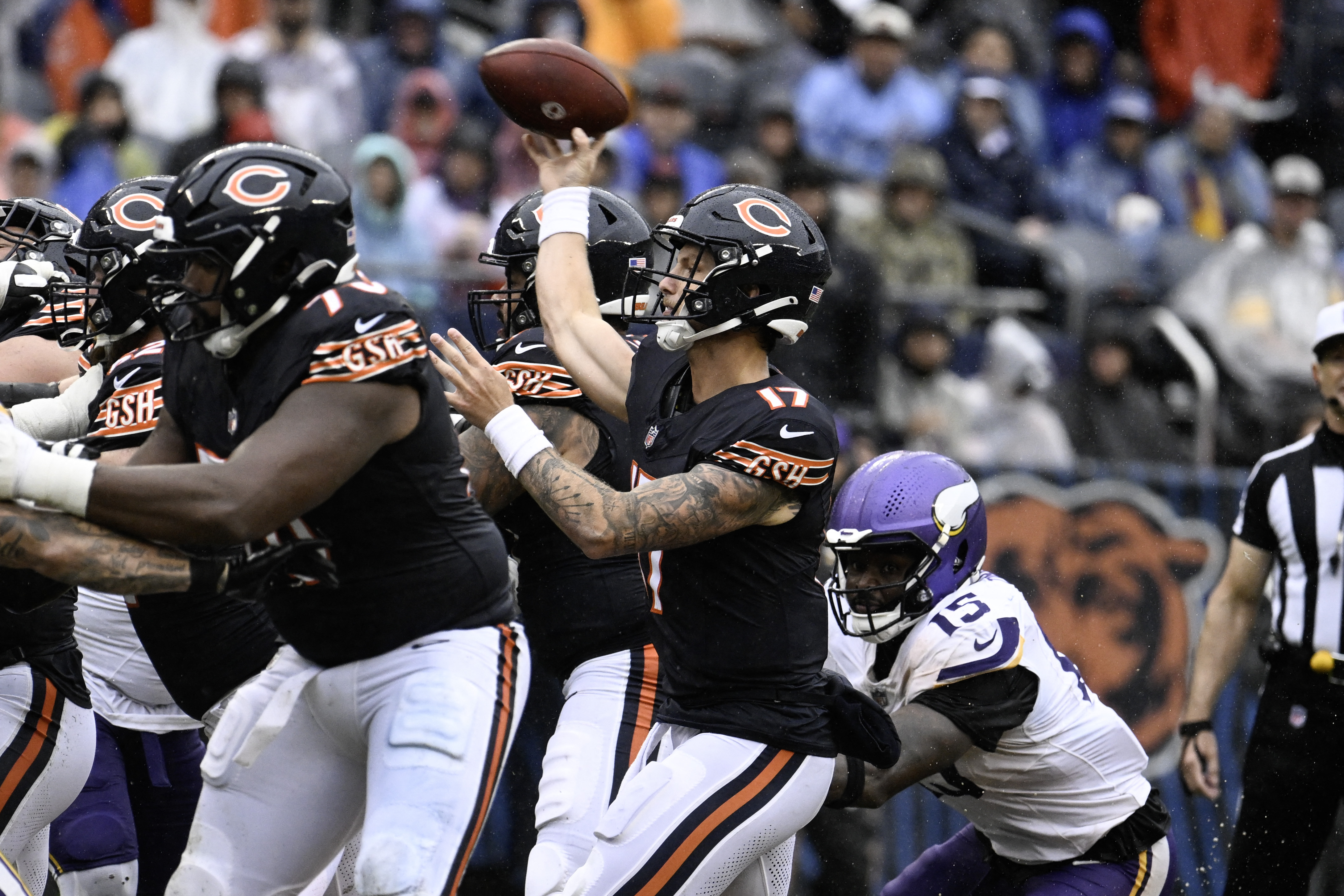 Chicago Bears quarterback Tyson Bagent throws a pass as we make our best Eagles vs. Bears prediction.