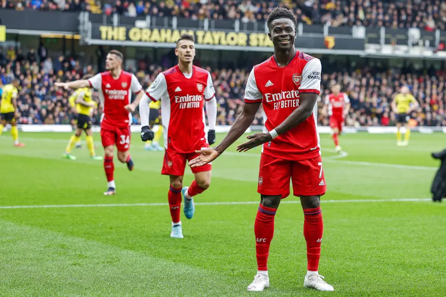 Bukayo Saka of Arsenal celebrates his goal against Watford. 