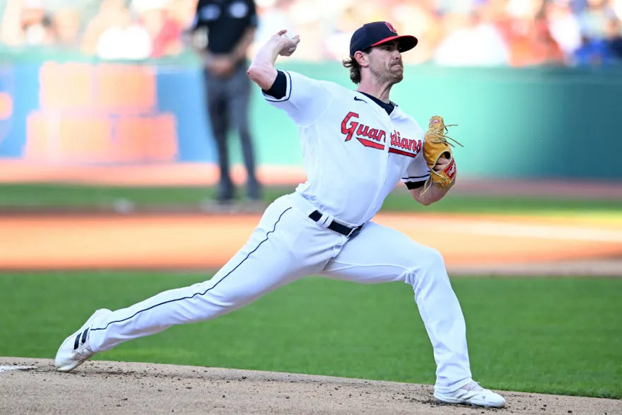 Cleveland Guardians starting pitcher Shane Bieber pitches during the first inning against the Baltimore Orioles at Progressive Field on September 01, 2022 in Cleveland, Ohio.