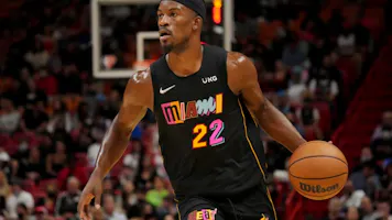 Jimmy Butler of the Miami Heat controls the ball against the New Orleans Pelicans during the first half at FTX Arena on November 17, 2021 in Miami, Florida.