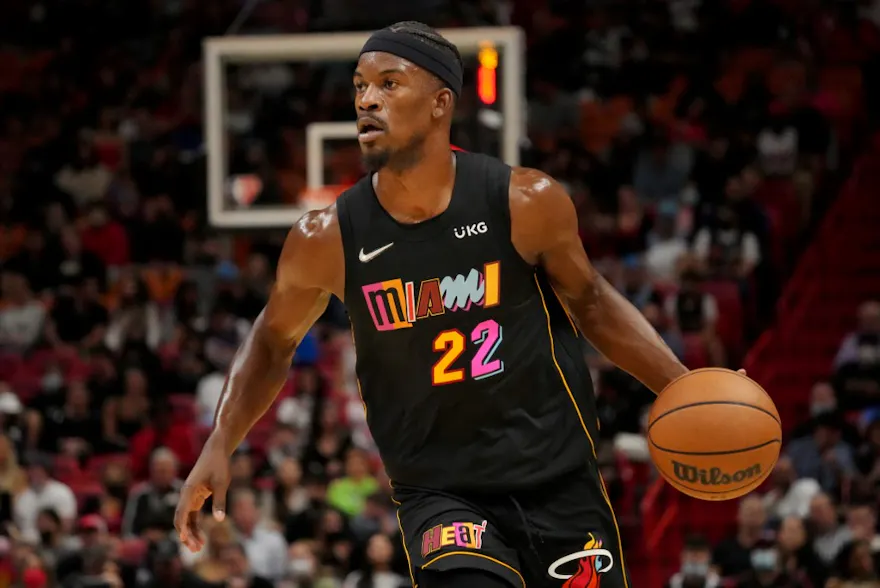 Jimmy Butler of the Miami Heat controls the ball against the New Orleans Pelicans during the first half at FTX Arena on November 17, 2021 in Miami, Florida.