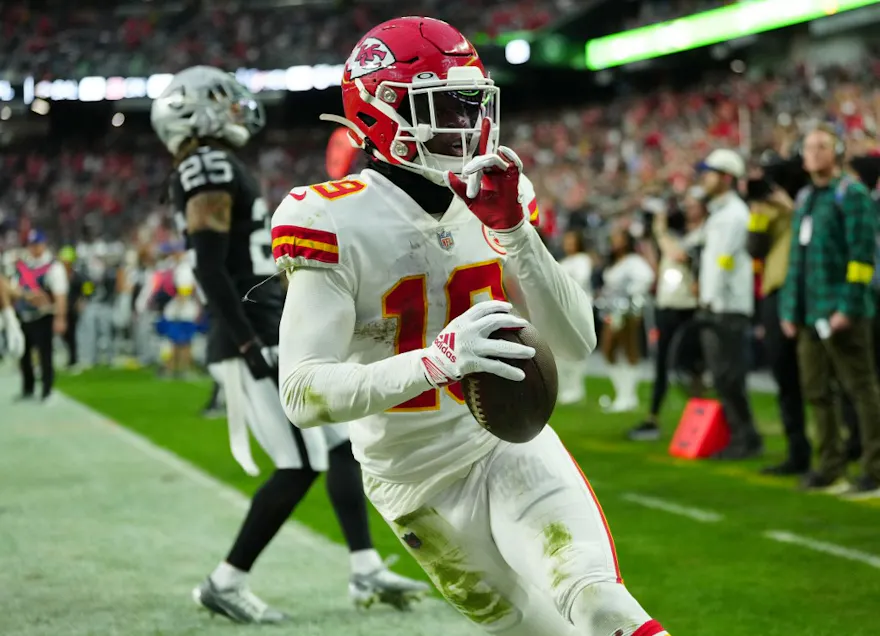 Wide receiver Kadarius Toney of the Kansas City Chiefs reacts after scoring a touchdown against the Las Vegas Raiders.