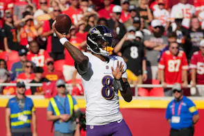 Baltimore Ravens quarterback Lamar Jackson (8) throws a pass as we break down our best Ravens vs. Dolphins player props tonight.