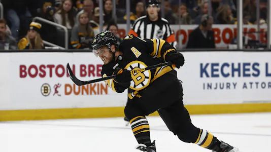 Pictured: Boston Bruins right wing David Pastrnak (88) lets go with a shot as we offer our Bruins vs. Senators player prop bets.