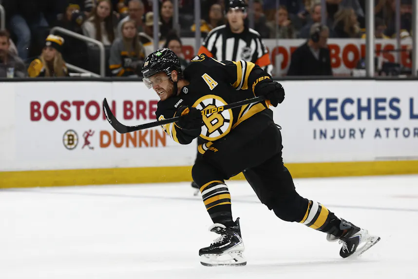 Pictured: Boston Bruins right wing David Pastrnak (88) lets go with a shot as we offer our Bruins vs. Senators player prop bets.