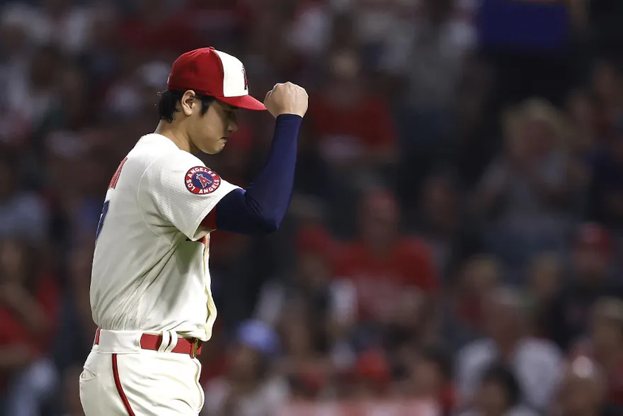 Shohei Ohtani of the Los Angeles Angels celebrates after an out and we look at our best odds and picks for the 2023 MLB strikeout leader.
