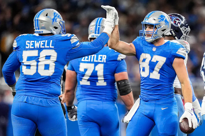 Detroit Lions tight end Sam LaPorta (87) celebrates a play as we examine the latest Super Bowl odds entering NFL Week 9.
