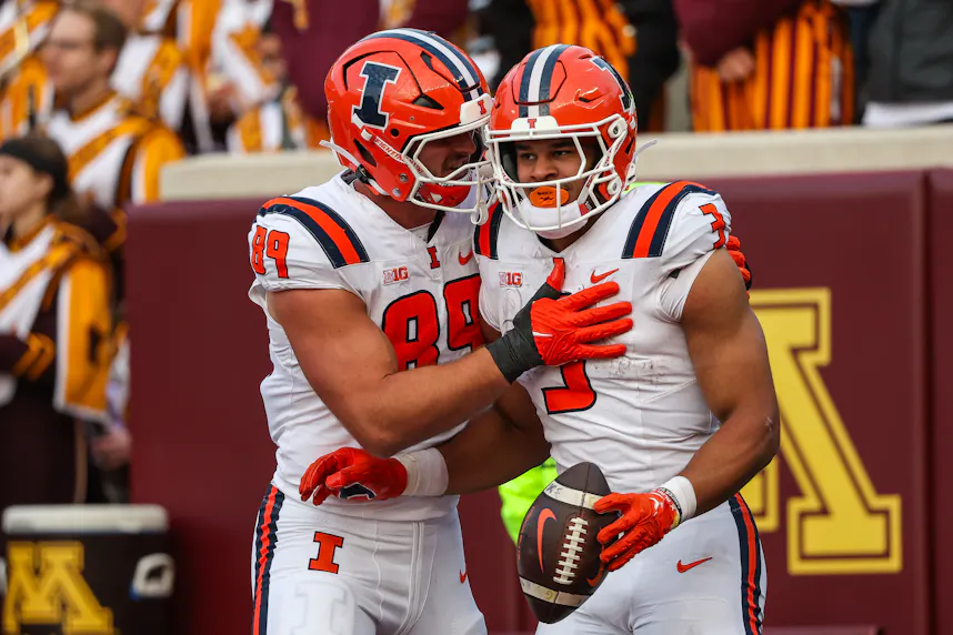 Illinois Fighting Illini running back Kaden Feagin celebrates his touchdown as we look at our best Illinois vs. Nebraska player props.