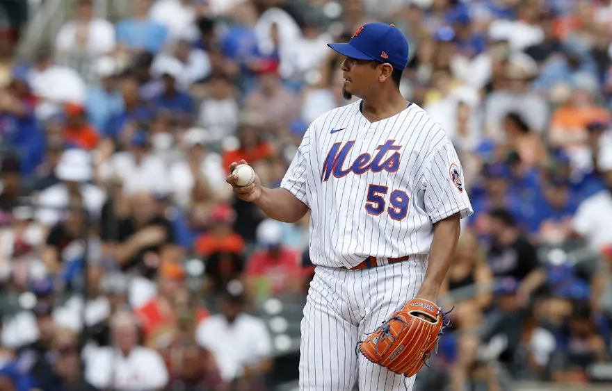 Carlos Carrasco of the New York Mets looks on from the mound during the third inning against the Washington Nationals at Citi Field.