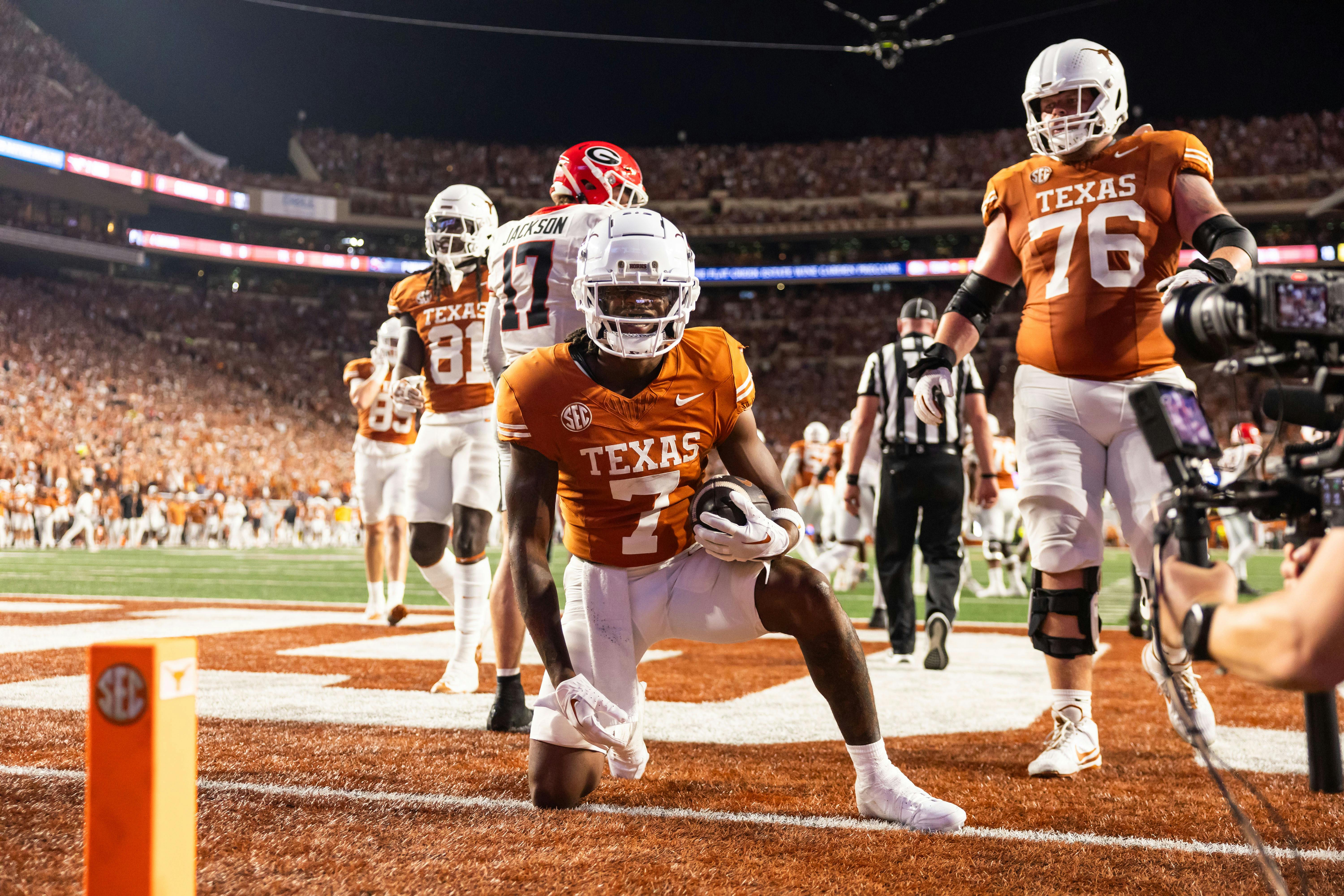 Texas wide receiver Isaiah Bond celebrates after scoring a touchdown against Georgia. We