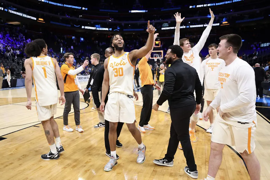 Josiah-Jordan James #30 of the Tennessee Volunteers celebrates with teammates as we look at our pick and best bet for Tennessee vs. Purdue NCAA Tournament Elite Eight