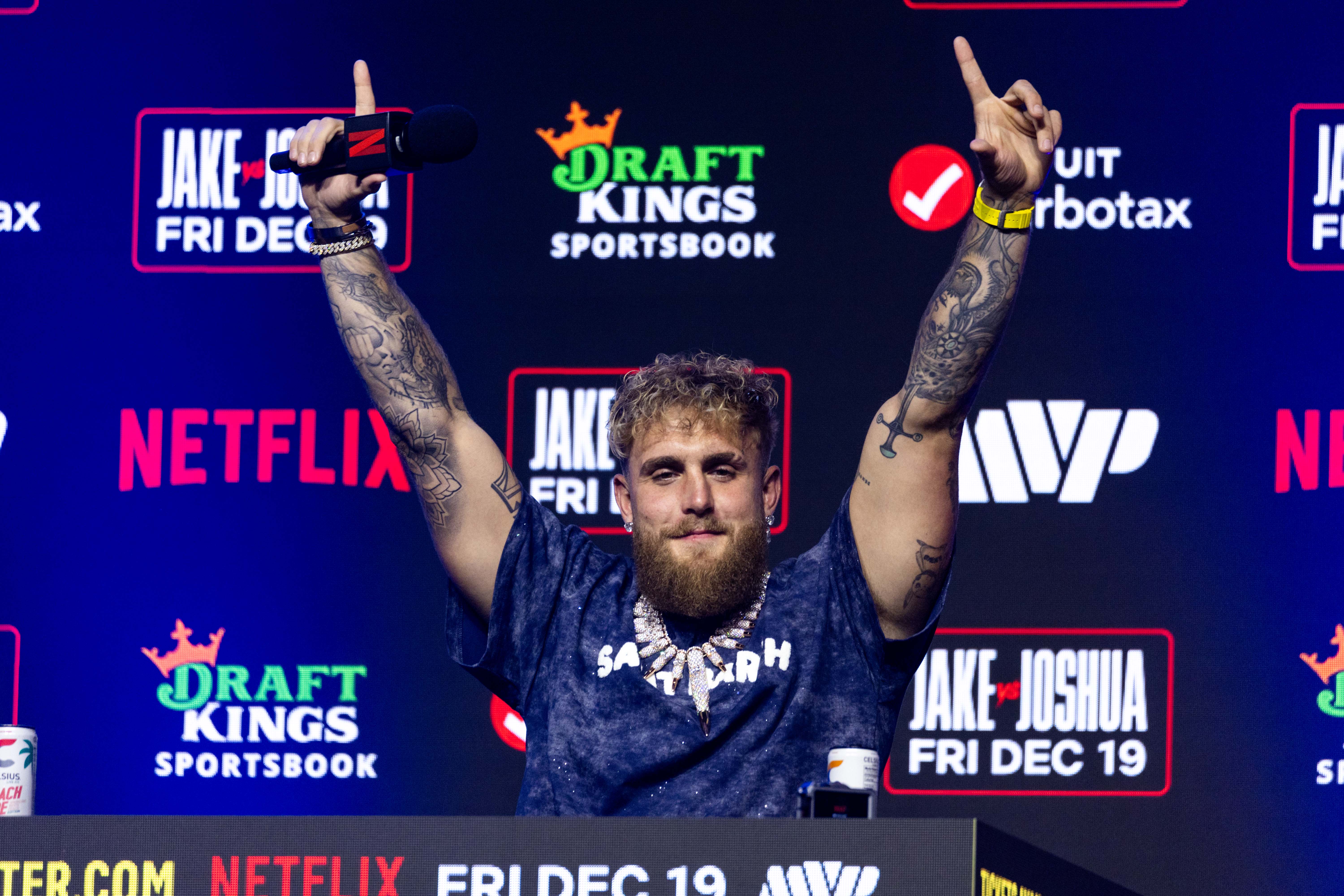 Jake Paul reacts during the press conference for the upcoming Jake Paul vs Anthony Joshua boxing match on Netflix as we look at how much Jake Paul and Anthony Joshua are being paid