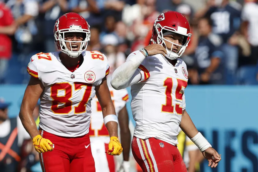 Travis Kelce and Patrick Mahomes of the Kansas City Chiefs react against the Tennessee Titans.