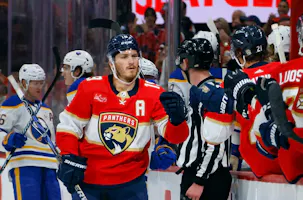 Matthew Tkachuk of the Florida Panthers celebrates his first-period power-play goal against the Buffalo Sabres at Amerant Bank Arena.